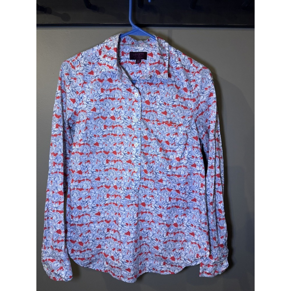 J CREW Women's Blouse 2 Red/Blue Tulip Liberty Art Fabric Button Up Shirt